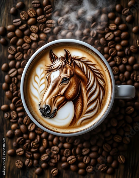 Fototapeta A cup of coffee with latte art in the shape of a horse's head surrounded by coffee beans
