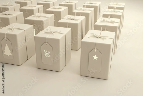 Fototapeta a row of identical light-colored gift boxes with New Year-themed tags
