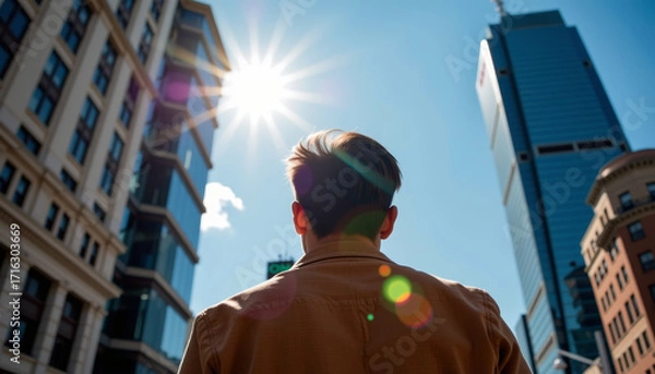 Fototapeta Urban exploration man gazing at skyscrapers city center photography bright sunshine low angle modern architecture