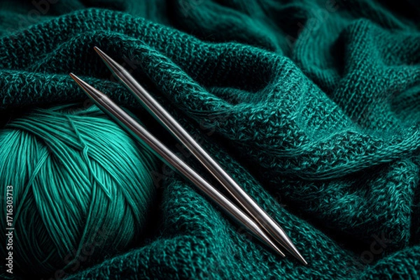 Fototapeta A close-up of knitting needles, a ball of yarn, and emerald-colored knitted fabric
