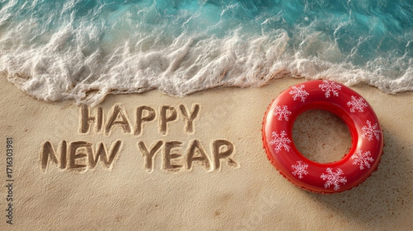 Fototapeta A Happy New Year text on the golden sand of a beach, next to an inflatable ring with snowflakes

