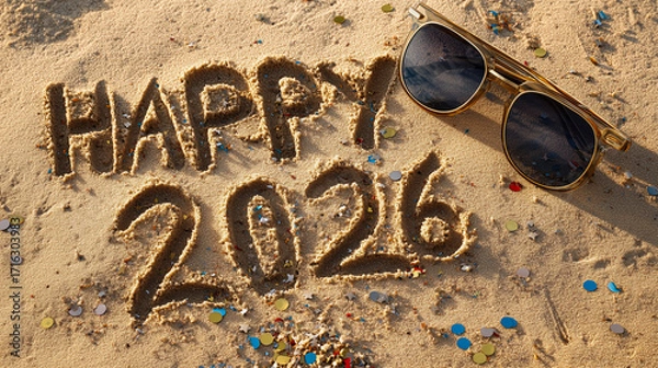 Fototapeta The text "Happy 2026" is written in the sand, surrounded by remnants of confetti and sunglasses.
