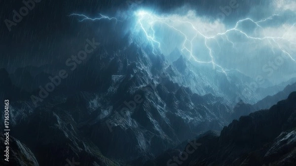 Fototapeta Stormy mountains with lightning and rain