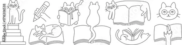 Fototapeta cat character and the book set in linear doodle style in vector. elements for decor postcard design print sticker poster mascot