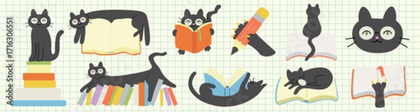 Fototapeta black cat character and the book set in doodle style in vector. elements for decor postcard design print sticker poster mascot