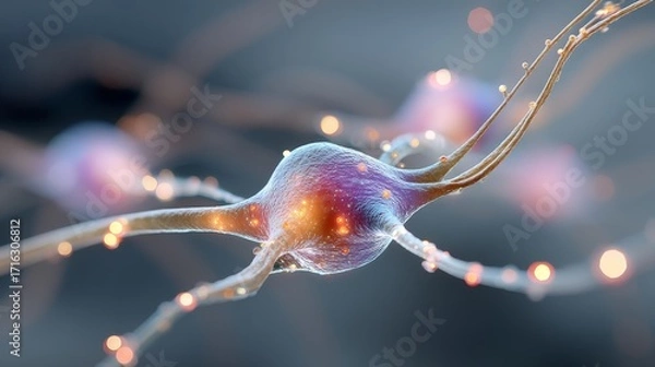 Fototapeta Abstract neuron-inspired design with realistic soft focus and glowing light, symbolizing the intricate processes of the human brain, thought, and communication