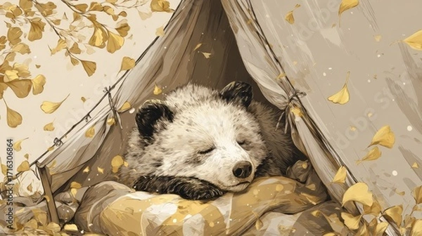 Fototapeta Cute bear cub sleeping peacefully inside a small tent with golden autumn leaves falling around it, symbolizing the cozy tranquility and hibernation of the fall season