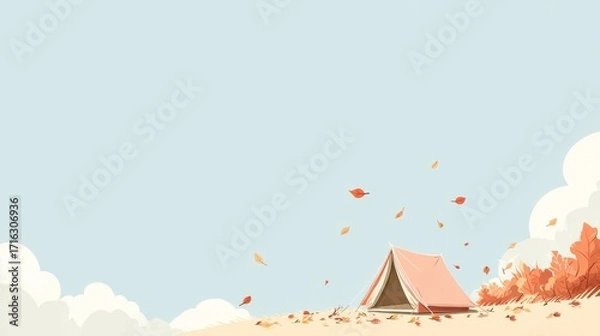 Fototapeta A minimal flat vector of a pastel-colored camping scene with a tent and falling autumn leaves, representing tranquility, escape, and the peaceful beauty of nature