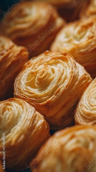 Fototapeta A macro flat lay of golden, flaky puff pastries, symbolizing the deliciousness, comfort, and simple pleasure of baked goods