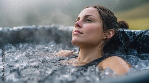 Fototapeta Outdoor ice bath recovery scene with a serene woman lying fully submerged, representing wellness, resilience, and personal strength