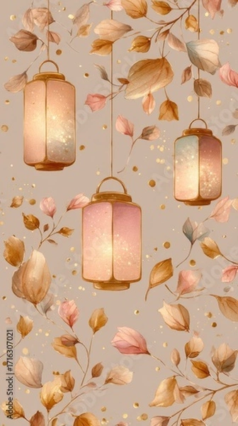 Fototapeta A seamless pattern of pastel lanterns with soft light floating gracefully among delicate leaves, representing tranquility, festivity, and decoration
