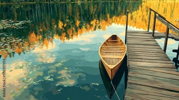 Fototapeta A serene vector art illustration of a wooden dock with a canoe tied at the edge of a calm lake in autumn, representing tranquility, solitude, and the beauty of the outdoors