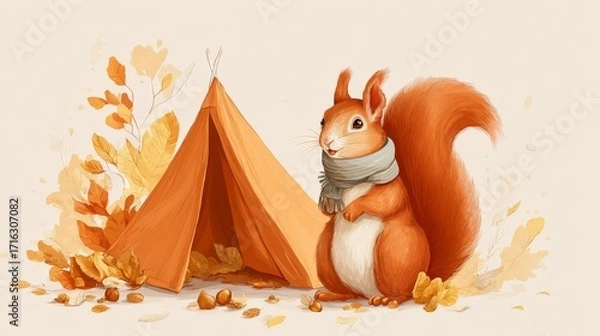 Fototapeta Illustration of a cute squirrel wearing a scarf and sitting next to a cozy tent surrounded by autumn leaves, representing warmth, outdoor fun, and seasonal cheer
