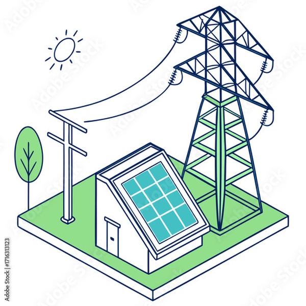 Obraz Modern renewable energy infrastructure combining solar power generation with high voltage power lines and transmission tower