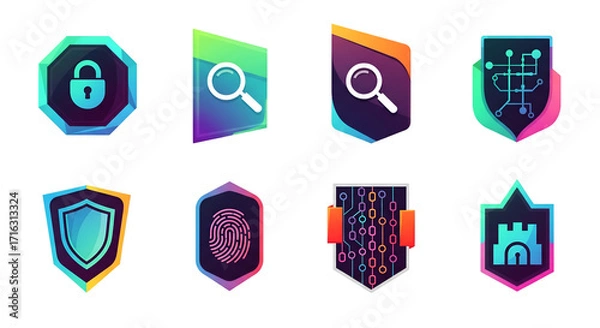 Fototapeta Cybersecurity shield icons with digital security symbols isolated on transparent background