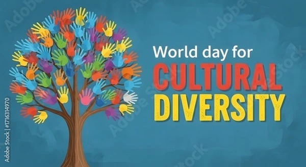 Fototapeta World Day for Cultural Diversity illustration with colorful handprint tree symbolizing unity, inclusivity, equality, and global harmony