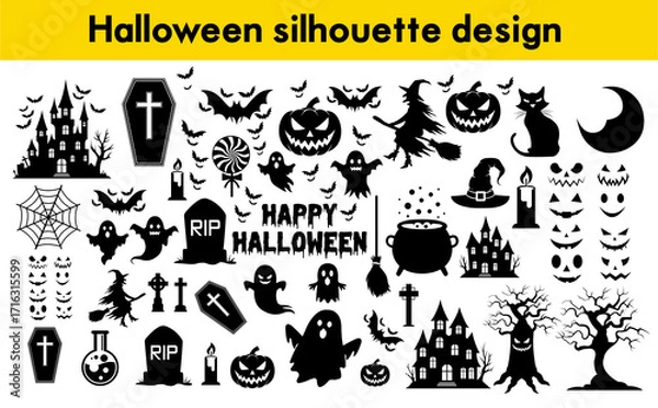 Fototapeta Halloween silhouette design vector bundle. Spooky icons collection featuring iconic elements such as pumpkins, ghosts, bats, witches, tombstones, haunted houses, spider webs, cats.