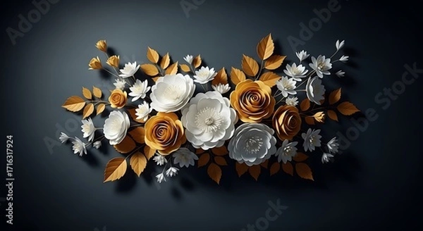 Fototapeta A beautiful arrangement of white and golden paper flowers with leaves on a dark background