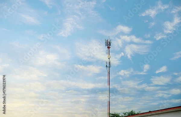 Fototapeta Signal tower or Mobile phone tower .Global connection and internet network concept.on blue sky,Telecommunication tower.