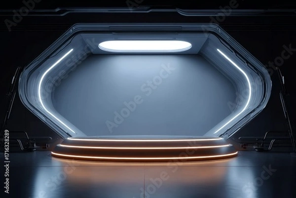 Fototapeta Futuristic illuminated platform with glowing edges and sleek design in a dark high-tech environment