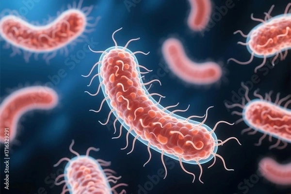 Fototapeta Glowing helicobacter pylori bacteria cells on dark blue background. Gastritis disease. 3d-rendering