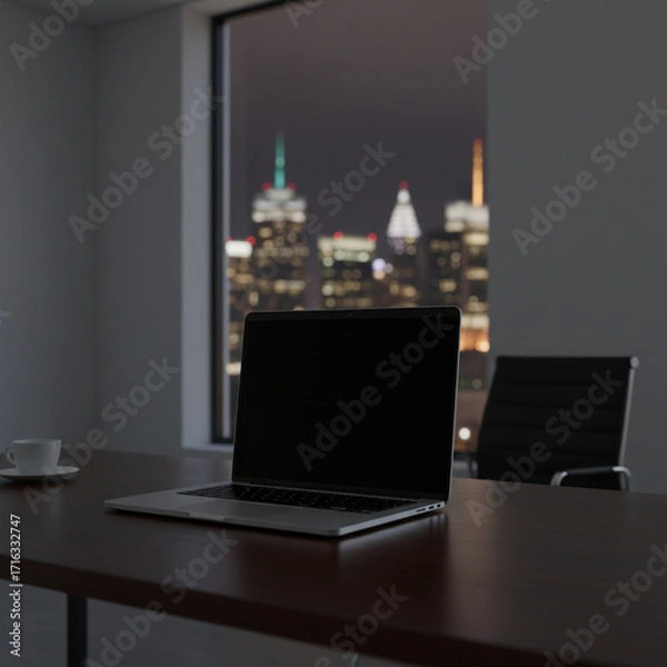 Fototapeta Laptop on a desk in a dark office with city skyline at night