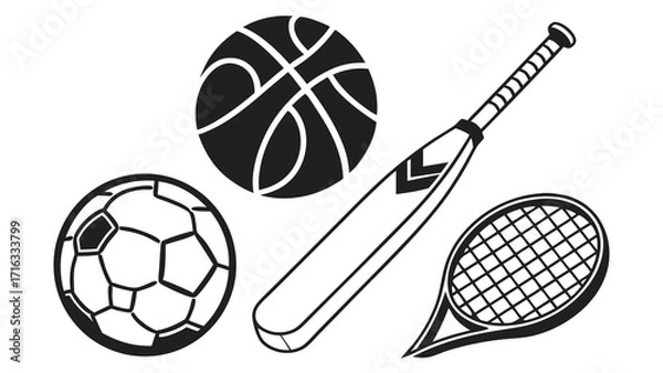Fototapeta Illustration of a basketball, soccer ball, cricket bat, and tennis racket in black and white style vreated with genrated ai