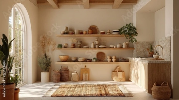Fototapeta Kitchen with Open Shelving and Arched Window