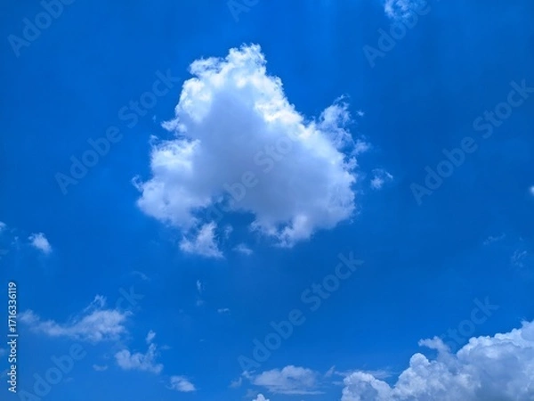 Fototapeta A puffy cumulus cloud drifts across a  blue sky. Fluffy, white clouds dot the bottom of the frame, hinting at a beautiful, sunny day.
