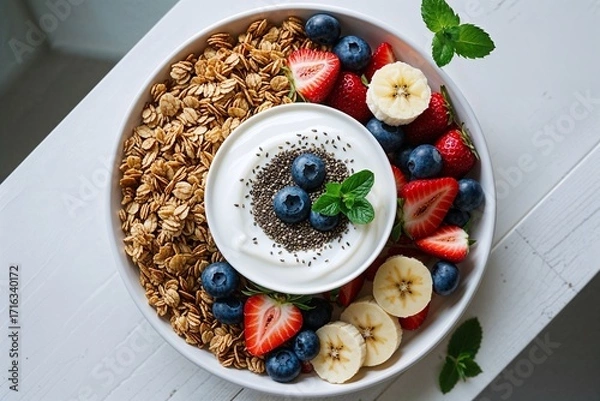 Fototapeta Healthy breakfast bowl with yogurt, fruit, chia seeds and oatmeal on the table
