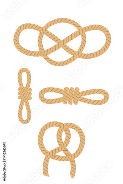 Fototapeta Rope knots collection with different nautical and decorative patterns. Brown twisted cord forming various loop and binding designs. Marine equipment elements set. Vector illustration on white