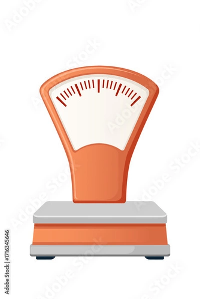 Fototapeta Orange vintage weighing scale with analog dial and measurement markings. Retro kitchen equipment with curved display design. Classic cooking tool for baking. Vector illustration on white