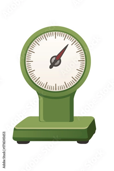 Fototapeta Green kitchen scale with round dial and measurement markings. Retro weighing device for cooking and food preparation. Vintage style culinary equipment. Vector illustration isolated on white