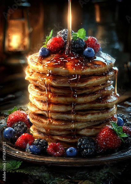 Fototapeta Golden brown pancakes sit high on a wooden plate, topped with a sweet drizzle of syrup and surrounded by vibrant berries. The warm, inviting atmosphere creates a perfect breakfast scene.