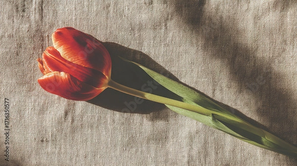 Fototapeta negative. A single red tulip in full bloom rests on beige linen, surrounded by soft shadows and negative space. gardening catalogs, home-decor guides, designed for home decor and floral branding.