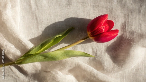 Obraz negative. A single red tulip in full bloom rests on beige linen, surrounded by soft shadows and negative space. gardening catalogs, home-decor guides, designed for home decor and floral branding.