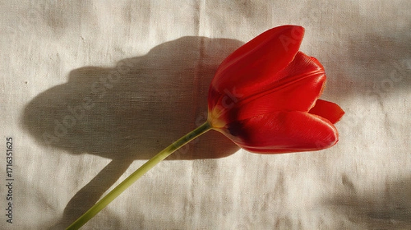 Obraz negative. A single red tulip in full bloom rests on beige linen, surrounded by soft shadows and negative space. gardening catalogs, home-decor guides, designed for home decor and floral branding.