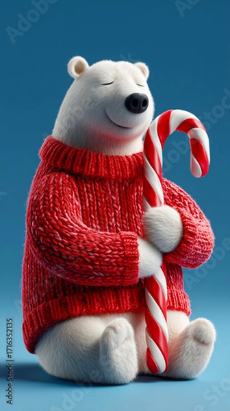 Fototapeta Cute 3D polar bear in red knitted sweater hugging candy cane on blue background. Concept of Christmas joy, winter warmth, and holiday cheer.