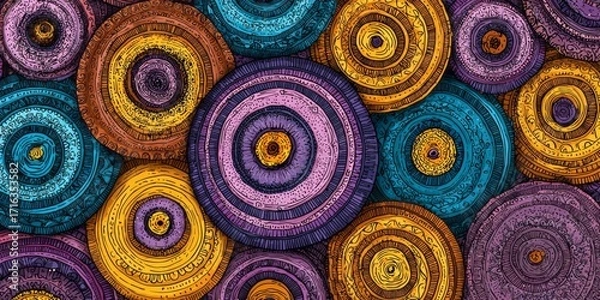 Fototapeta A vibrant design featuring layered circles in various colors, creating a visually engaging pattern.