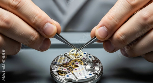 Fototapeta Intricate Watchmaking Precision Close Up of a Watchmaker Assembling a Mechanical Watch Movement with Tweezers Showing the Delicate Gears and Components