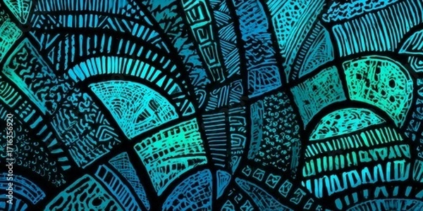 Fototapeta Intricate, vibrant design features a complex pattern of interwoven shapes and lines, showcasing a range of teal and turquoise hues on a dark background.