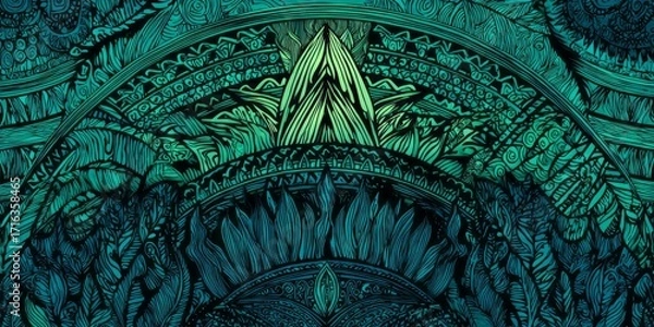 Fototapeta Intricate, vibrant teal and black design pattern features detailed, ornate floral and geometric shapes, creating a captivating and mesmerizing visual effect.