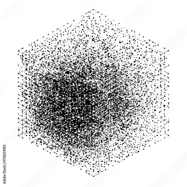 Obraz Abstract cube structure with dense black dots and connecting lines creating a complex three dimensional form