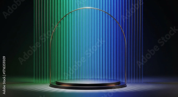 Fototapeta Abstract 3D Podium with Fluted Glass Arch in Jewel Tones for Product Display