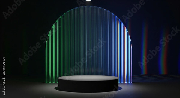 Fototapeta Abstract 3D Podium with Fluted Glass Arch in Jewel Tones for Product Display