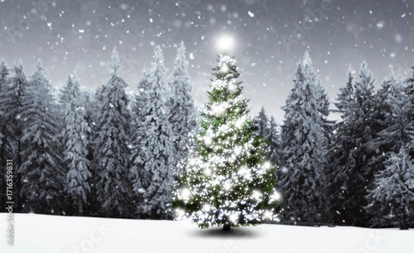 Obraz Beleuchteter geschmückter Weihnachtsbaum in einem verschneiten Winterwald