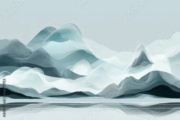 Fototapeta Abstract landscape with flowing mountain forms and reflective water surface in cool tones