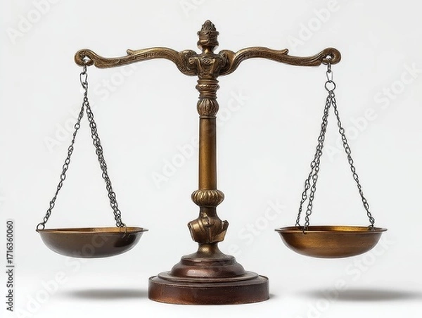 Fototapeta Bronze balance scale with ornate design and empty pans on a white background