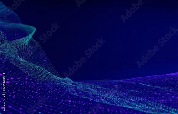 Fototapeta Abstract digital wave pattern with glowing particles and flowing lines on a dark blue background