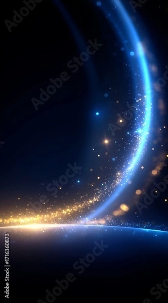 Fototapeta A cosmic scene featuring a glowing blue arc with sparkling particles and a radiant golden horizon against a dark space background.